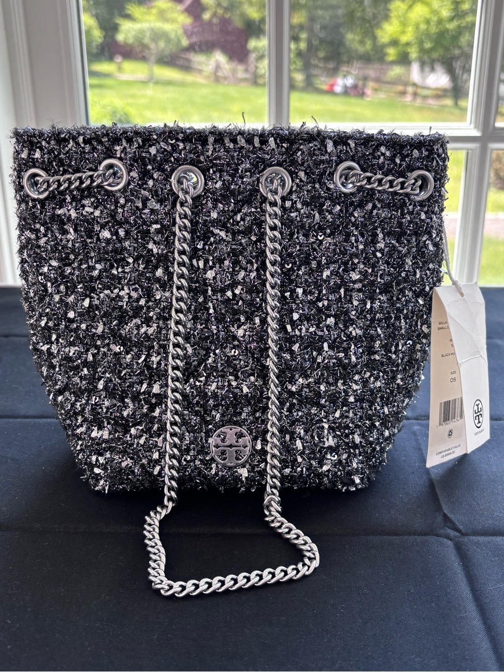 NWT Tory Burch Tweed Chain-Handle Bag - Black & Silver